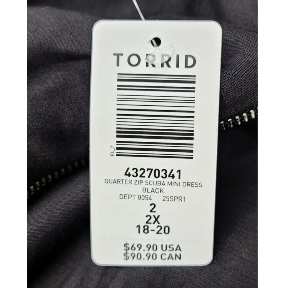 NWT Torrid 2 Black Scuba Quarter Zip Mini Dress 2X 18 20